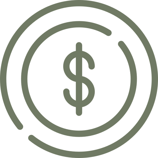 A simple line drawing of a dollar sign inside a circular outline, resembling a coin or currency symbol, in muted green—perfect for representing vet or veterinarian costs.