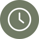 A white clock icon with hour and minute hands pointing to 10:10, centered on a circular green-gray background—ideal for veterinarian or vet appointment reminders.