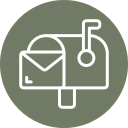 A white mailbox icon with a raised flag and an envelope sticking out, displayed on a green circular background—perfect for a vet clinic or veterinarian’s office communications.