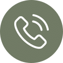 White telephone handset icon with sound waves, enclosed in a greenish-gray circular background, representing a phone call or contact option for a vet or veterinarian.