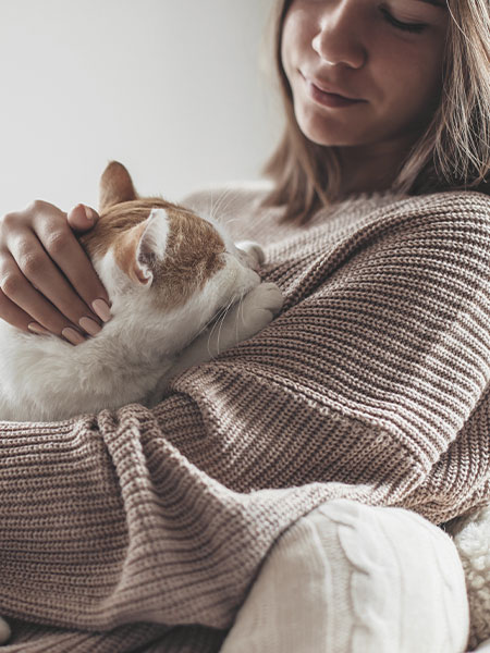 A woman in a cozy knit sweater gently holds a white and orange cat in her arms, resembling a caring veterinarian. The cat snuggles against her chest as she smiles softly while looking down at her furry friend.